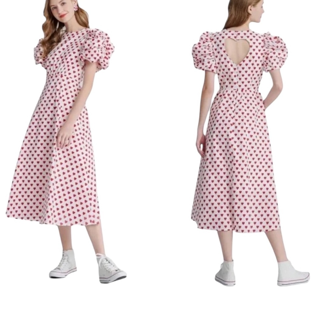 Urban Revivo Red Heart Print Puff Sleeve Midi Romantic Dress Open Back Small 4